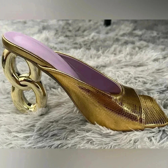 MGOLD SHOES METALLIC SHIMMER OPEN TOE MULE CHAIN FORMAL SEXY HEELS SIZE … - Picture 11 of 14